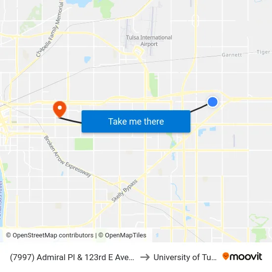 (7997) Admiral Pl & 123rd E Ave Wb to University of Tulsa map