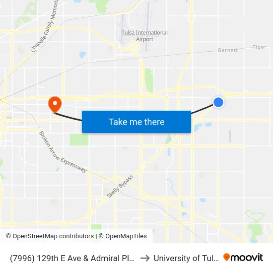 (7996) 129th E Ave & Admiral Pl Nb to University of Tulsa map