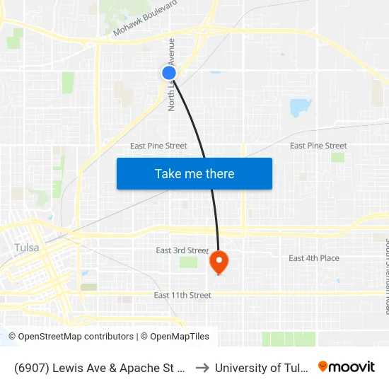 (6907) Lewis Ave & Apache St Sb to University of Tulsa map