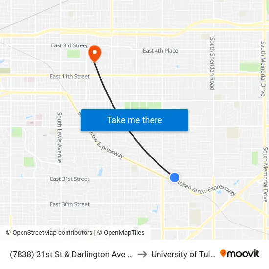 (7838) 31st St & Darlington Ave Wb to University of Tulsa map