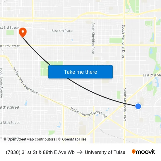 (7830) 31st St & 88th E Ave Wb to University of Tulsa map