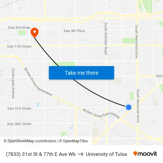 (7833) 31st St & 77th E Ave Wb to University of Tulsa map