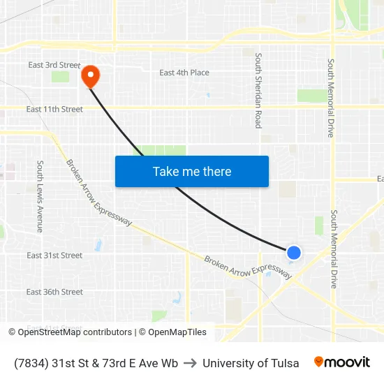 (7834) 31st St & 73rd E Ave Wb to University of Tulsa map