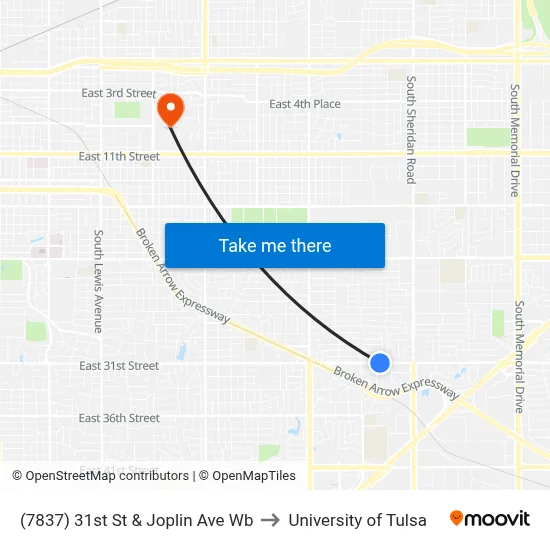 (7837) 31st St & Joplin Ave Wb to University of Tulsa map