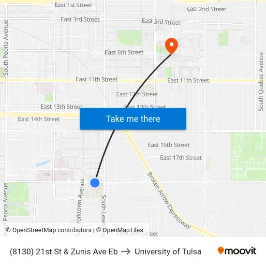 (8130) 21st St & Zunis Ave Eb to University of Tulsa map