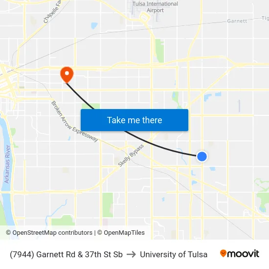 (7944) Garnett Rd & 37th St Sb to University of Tulsa map
