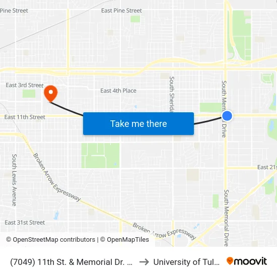 (7049) 11th St. & Memorial Dr. Eb to University of Tulsa map