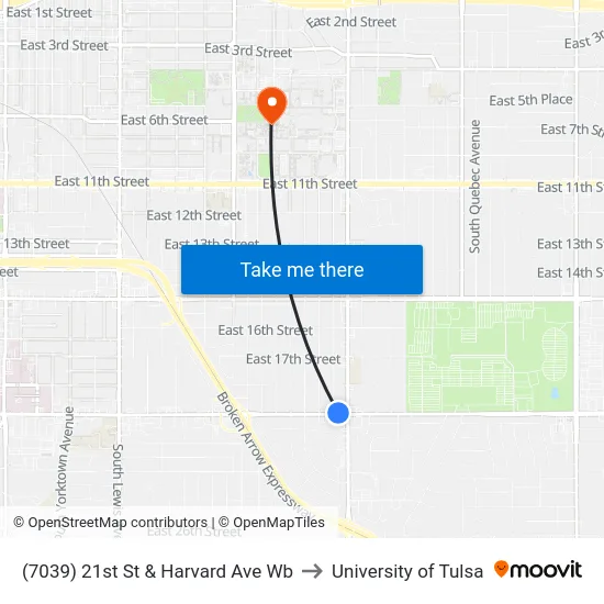 (7039) 21st St & Harvard Ave Wb to University of Tulsa map