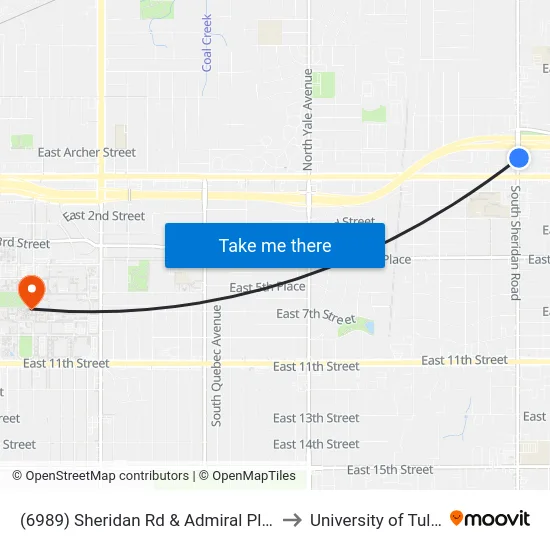 (6989) Sheridan Rd & Admiral Pl Nb to University of Tulsa map