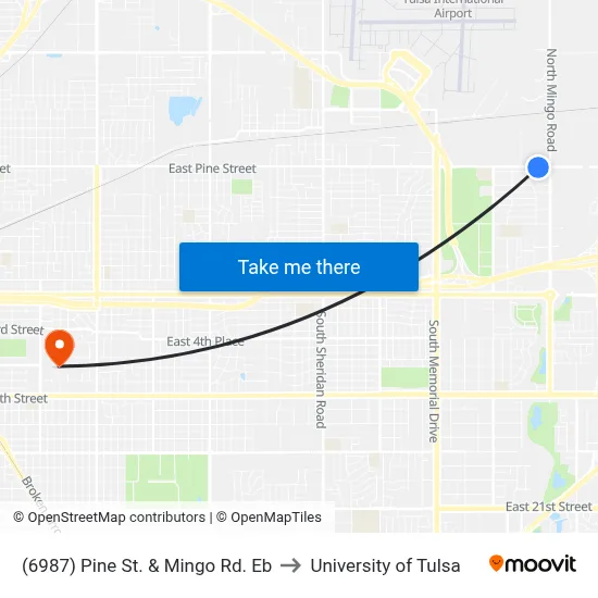 (6987) Pine St. & Mingo Rd. Eb to University of Tulsa map