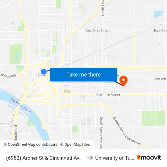 (6982) Archer St & Cincinnati Ave Wb to University of Tulsa map