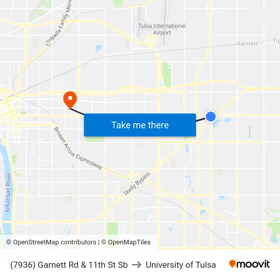 (7936) Garnett Rd & 11th St Sb to University of Tulsa map