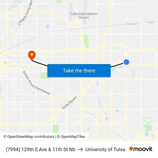 (7994) 129th E Ave & 11th St Nb to University of Tulsa map