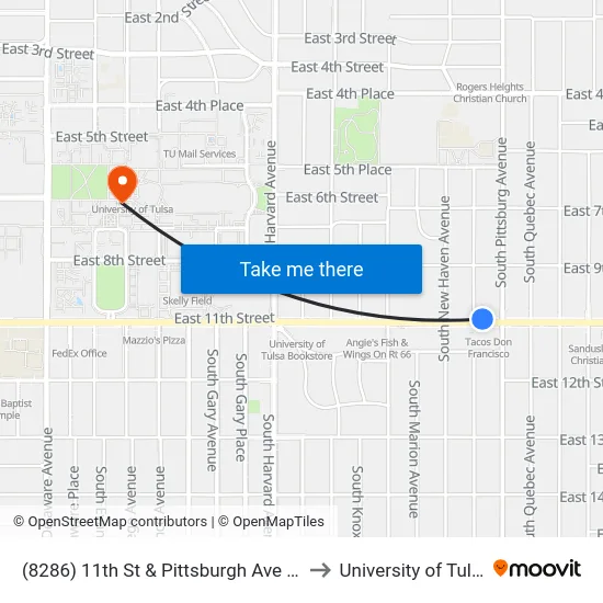 (8286) 11th St & Pittsburgh Ave Wb to University of Tulsa map