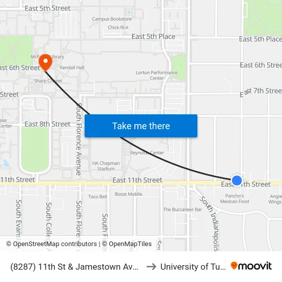 (8287) 11th St & Jamestown Ave Wb to University of Tulsa map