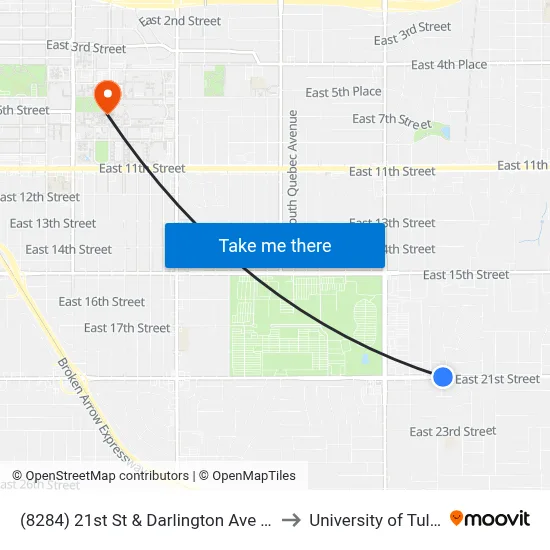 (8284) 21st St & Darlington Ave Wb to University of Tulsa map