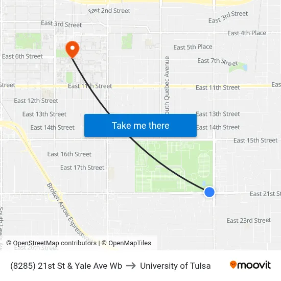(8285) 21st St & Yale Ave Wb to University of Tulsa map