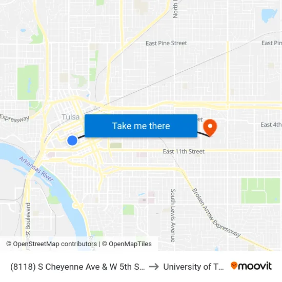 (8118) S Cheyenne Ave & W 5th St S Sb to University of Tulsa map