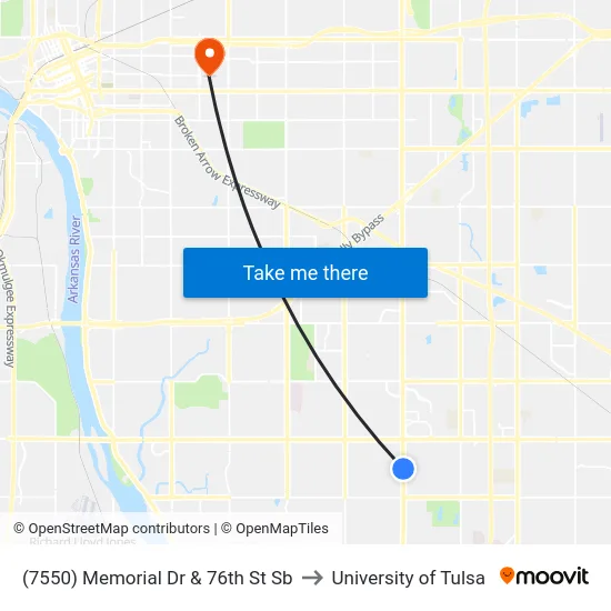 (7550) Memorial Dr & 76th St Sb to University of Tulsa map