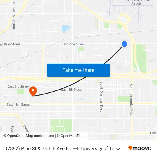 (7392) Pine St & 75th E Ave Eb to University of Tulsa map