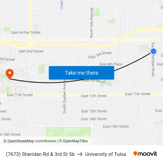 (7673) Sheridan Rd & 3rd St Sb to University of Tulsa map
