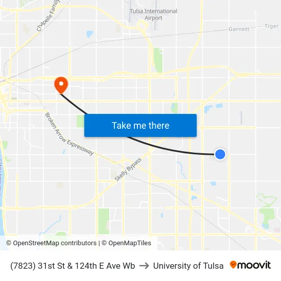 (7823) 31st St & 124th E Ave Wb to University of Tulsa map