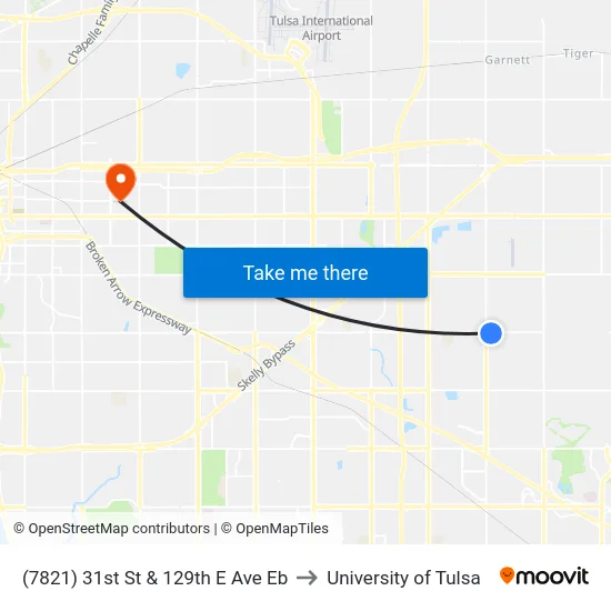 (7821) 31st St & 129th E Ave Eb to University of Tulsa map