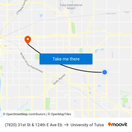 (7820) 31st St & 124th E Ave Eb to University of Tulsa map