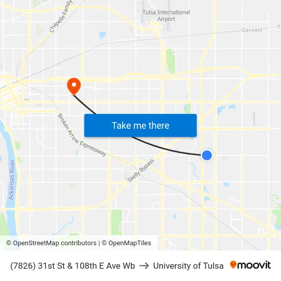 (7826) 31st St & 108th E Ave Wb to University of Tulsa map