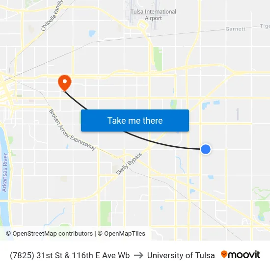 (7825) 31st St & 116th E Ave Wb to University of Tulsa map