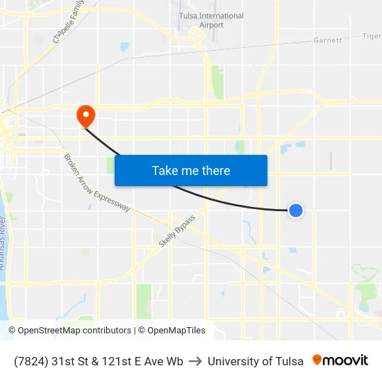 (7824) 31st St & 121st E Ave Wb to University of Tulsa map