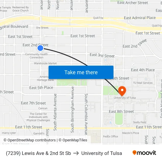 (7239) Lewis Ave & 2nd St Sb to University of Tulsa map