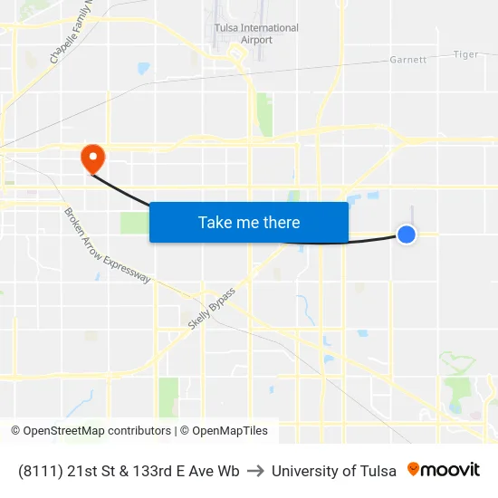 (8111) 21st St & 133rd E Ave Wb to University of Tulsa map
