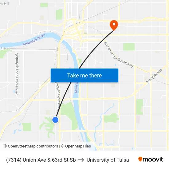 (7314) Union Ave & 63rd St Sb to University of Tulsa map