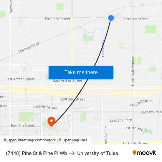 (7448) Pine St & Pine Pl Wb to University of Tulsa map