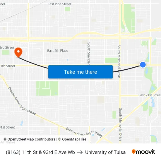 (8163) 11th St & 93rd E Ave Wb to University of Tulsa map
