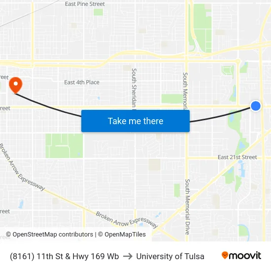 (8161) 11th St & Hwy 169 Wb to University of Tulsa map