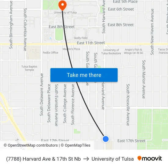 (7788) Harvard Ave & 17th St Nb to University of Tulsa map