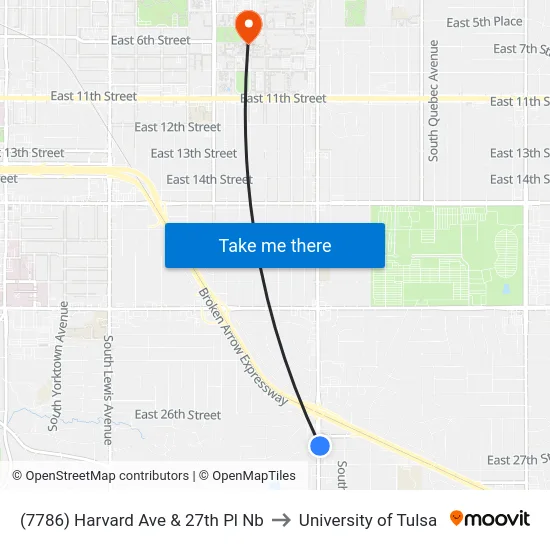 (7786) Harvard Ave & 27th Pl Nb to University of Tulsa map