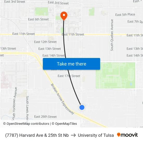 (7787) Harvard Ave & 25th St Nb to University of Tulsa map