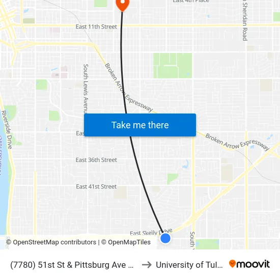 (7780) 51st St & Pittsburg Ave Wb to University of Tulsa map