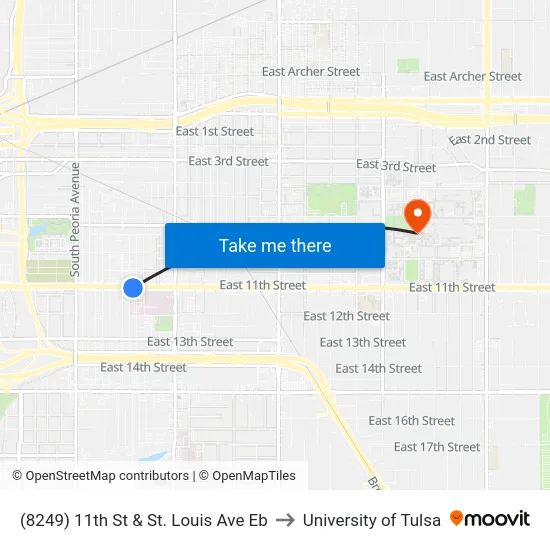 (8249) 11th St & St. Louis Ave Eb to University of Tulsa map