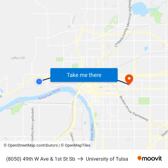 (8050) 49th W Ave & 1st St Sb to University of Tulsa map