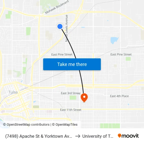 (7498) Apache St & Yorktown Ave Wb to University of Tulsa map