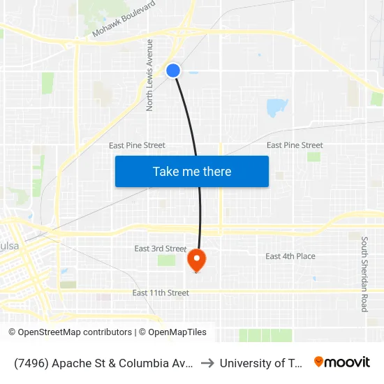 (7496) Apache St & Columbia Ave Wb to University of Tulsa map