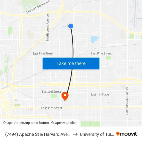 (7494) Apache St & Harvard Ave Eb to University of Tulsa map