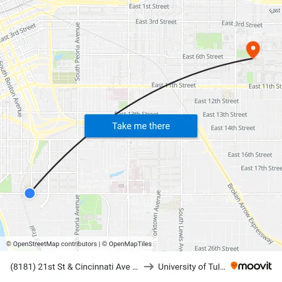 (8181) 21st St & Cincinnati Ave Wb to University of Tulsa map