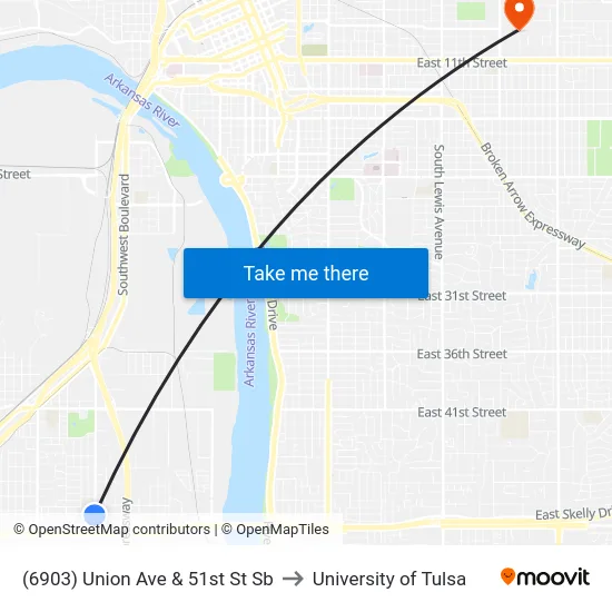 (6903) Union Ave & 51st St Sb to University of Tulsa map