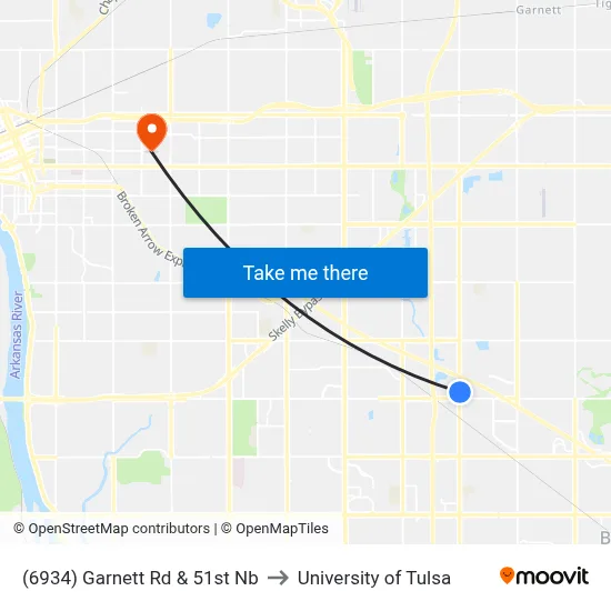 (6934) Garnett Rd & 51st Nb to University of Tulsa map