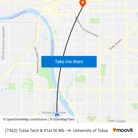 (7362) Tulsa Tech & 91st St Wb to University of Tulsa map